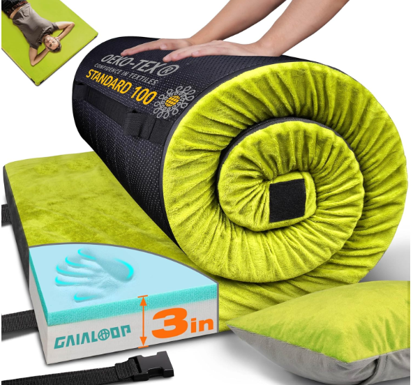 GAIALOOP 3 Inch Memory Foam Camping Mattress, Dual Layer Thick Sleeping Camp Pad for Car Tent Cot, Roll-Up Portable Glamping Floor Bed for Guests Sleepover (Single: 75*30*3")