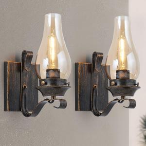 Wall Sconces Sets of 2, Oil Rubbed Bronze Hardwired Wall Sconce Indoor, Retro Rustic Wall Lamps with Amber Glass,Vintage Bedside Sconces Wall Lighting for Living Room Bathroom