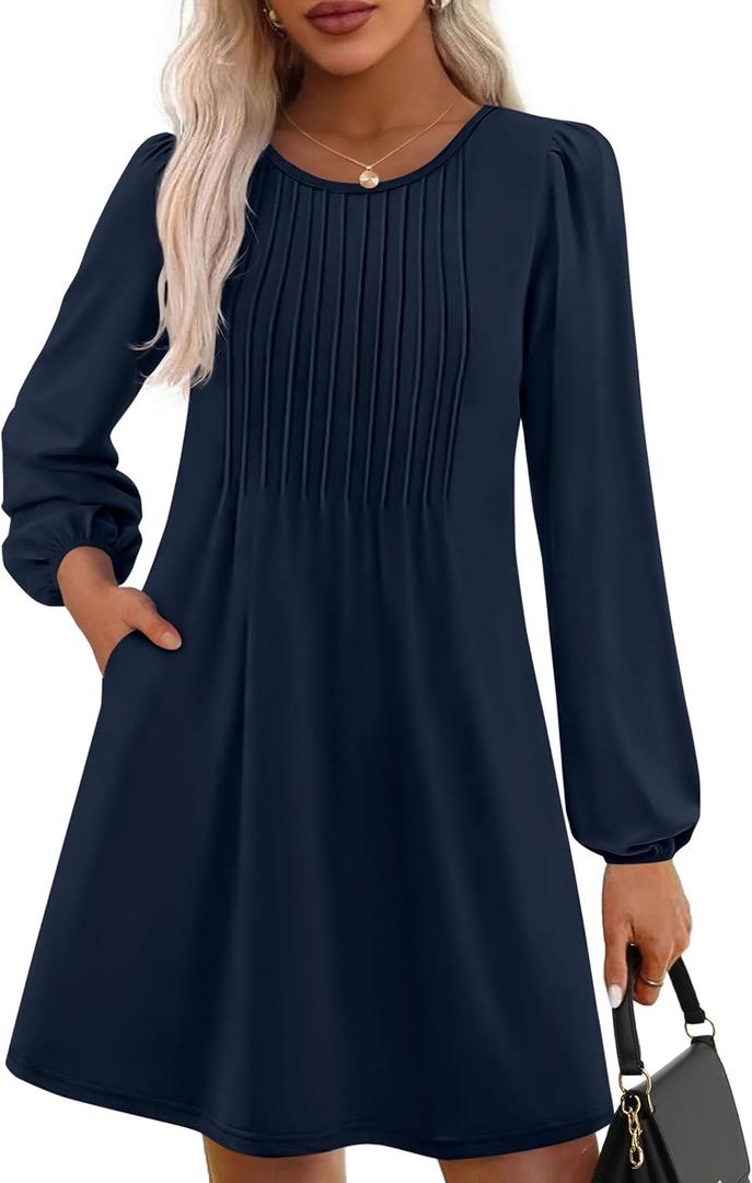 PRETTYGARDEN Fall Dresses for Women 2026 Long Sleeve Mini Short Flowy A Line Casual Holiday Party Tunic Dress Fashion Clothes (Blue, XXL)