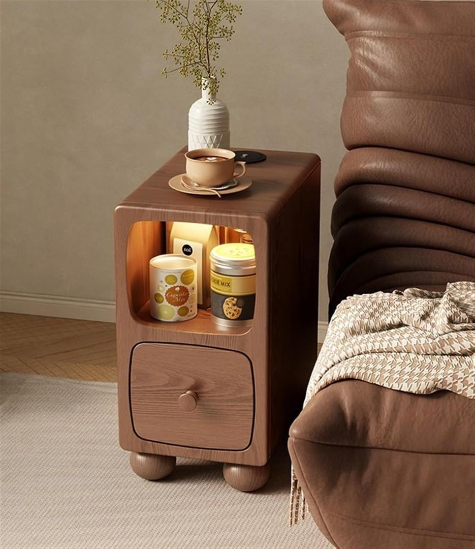 Solid Wood Bedside Table with Charging Function, Ultra-Thin Design, Drawer & Open Storage, for Bedroom, Office, and Living Room(Brown)