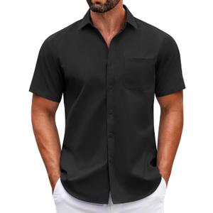 COOFANDY Mens Short Sleeve Casual Button Down Shirts Summer Untucked Dress Shirts with Pocket (Black, XXL)