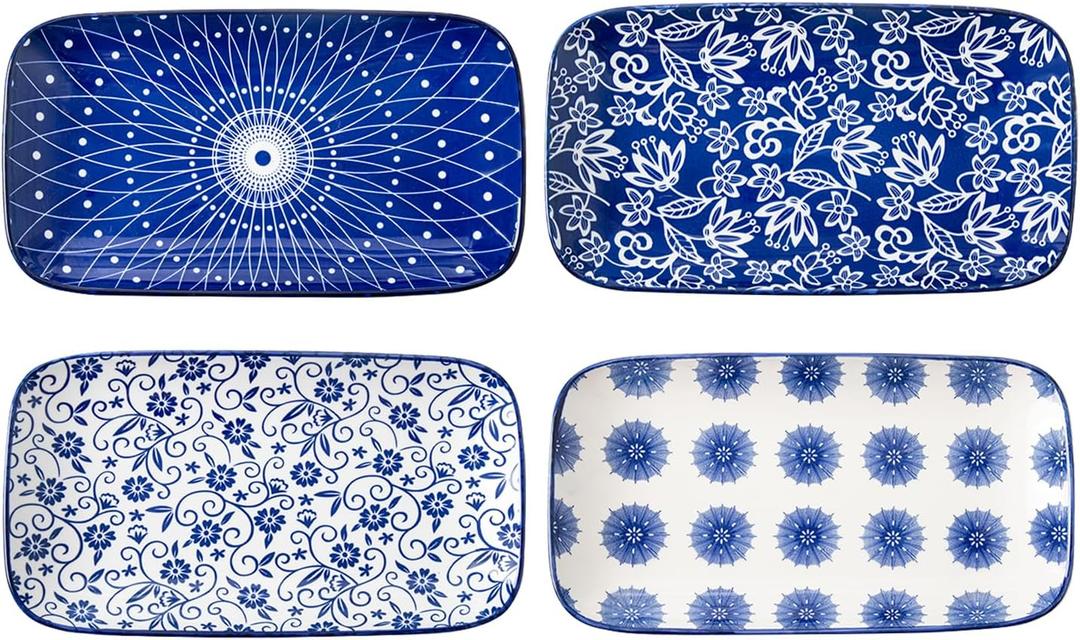 Ceramic Rectangle Salad Plates Set - Large 9.5 Inch Rectangular Serving Dishes for Dinner Pasta Dessert Sushi Appetizer - Oven Microwave Dishwasher Safe - Set of 4 - Vintage Blue