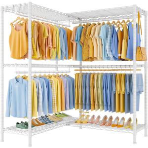ULIFHOME E15 Pro Garment Rack L Shaped Clothes Rack for CornerFreestanding Clothing Racks for Hanging ClothesHeavy Duty Closet System with 4 Hanging Rods & 8 S Hooks48.8"W x 15.8"D x 78.4"HWhite
