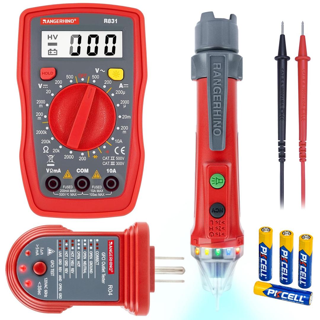 Electrical Test Kit with RANGERHINO Digital Multimeter Tester & Dual Range Non-Contact Voltage Tester & Outlet Tester GFCI Test Diode Resistance Continuity Tester Wire Breakpoint Finder kit