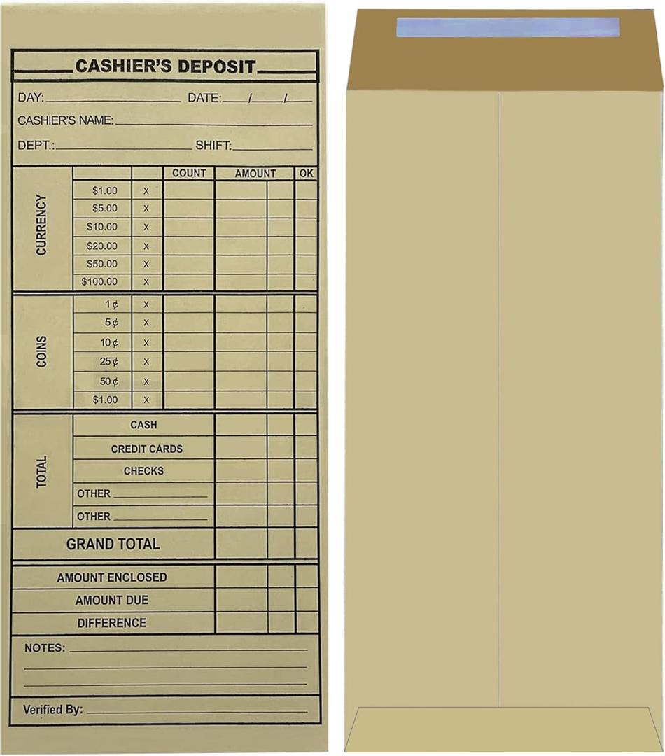 Cashier's Deposit Report Envelopes for Stores, Banks and Retail Businesses (500)