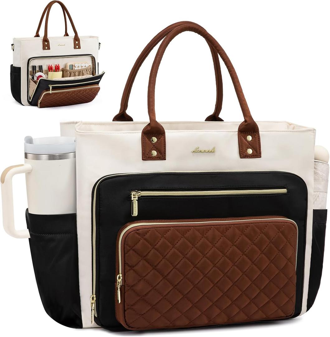 LOVEVOOK Teacher Tote Bag for Women Work, Laptop Bag With Large Cup Holder, Nurse Bags Professional Briefcase Business Computer Purses Bible Handbag Gifts, Black-Beige-Brown, 15.6 Inch