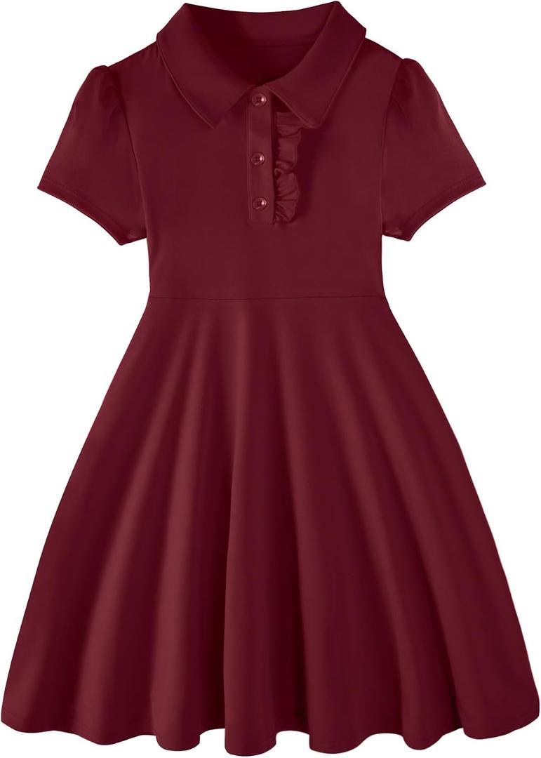 Hilinker Toddler Girls Ruffle Short Sleeve Polo Dress Cute Heart Print Uniform Dresses Burgundy 9-10Y