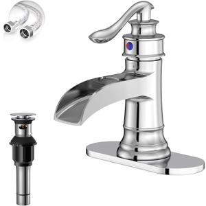 Chrome Waterfall Bathroom Sink Faucet, Single Handle 1 or 3 Hole Farmhouse Bathroom Faucets with Deck, Pop-up Drain, 2 Hoses for Lavatory Washroom Vanity RV