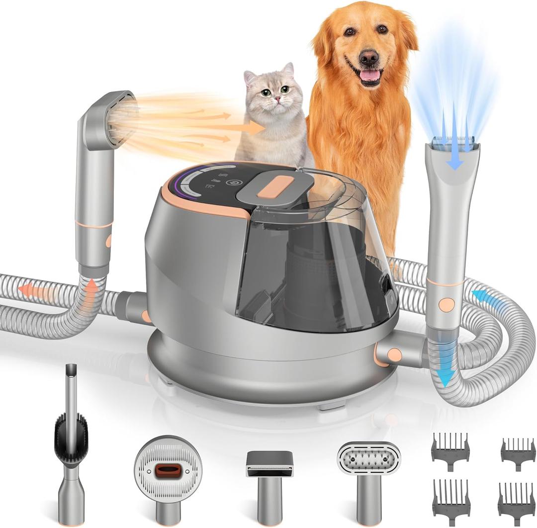 Dog Grooming Vacuum Kit,9 in 1 Dog Hair Vacuum Dryer Clipper Kits with 4.5L Dust Cup,18Kpa 1100W LED Display Pet Shedding Grooming Quiet with Adjustable 3 Modes Suction&Temperature(Upgraded)