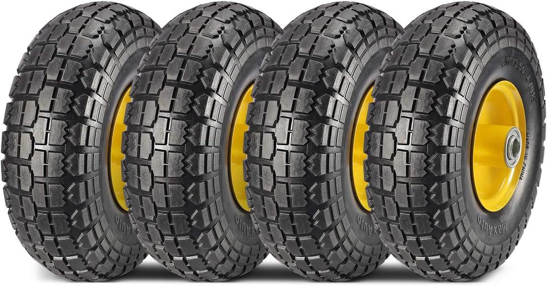 MaxAuto 10 Inch Solid Rubber Tires 4.10 3.50-4 Flat Free Tire 4.10/3.50-4 Tire and Wheel, 2.25" Offset Hub, 5/8" Bearings, for Hand Truck, Trolley, Garden Cart, Lawn Mower, Garden Wagon, Wheelbarrow