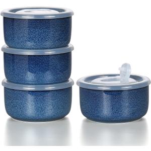Ceramic Bowls Set with Lids: Set of 4 Microwave Safe Bowls for Soup Meal Prep Cereal Salad Fruit - Food Storage Containers with Lids for Work Lunch Pinic Camping - Glaze Blue A