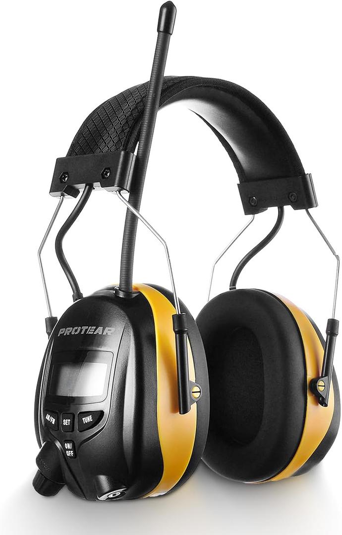 PROTEAR Digital AM FM Radio Headphones, Ear Protection Safety Ear Muffs, Electronic Noise Reduction Ear Defender for Mowing Lawn Working (Yellow)