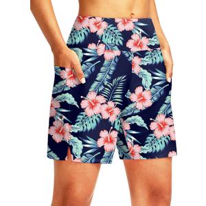 G Gradual Women's 7" Long Swim Board Shorts High Waisted Quick Dry Beach Swimming Shorts for Women with Liner Pockets (X-Large, Navy Flower)