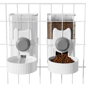 Hanging Cage Automatic Small Pet Food Bowl Water Bottle Dispenser, 1L Auto Gravity Pet Feeder and Waterer Set Kennel Feeding Station Crate Feeder Dish for Rabbit Puppy Cats Ferret (Grey)