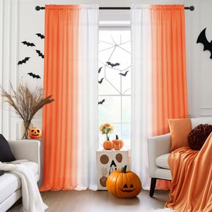 Melodieux Linen Ombre Semi Sheer Curtains 84 Inches Long for Living Room, Orange White Horizontal Gradient Rod Pocket Voile Drapes, 52 by 84 Inch, 2 Panels