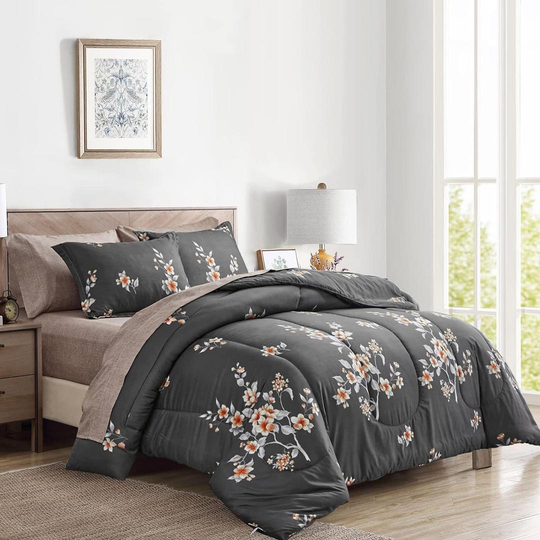 7 Pieces Bed in a Bag Queen Comforter Set with Sheets, Dark Grey Floral Design, Soft Microfiber Bedding Sets for All Season (1 Comforter, 2 Pillow Shams, 1 Flat Sheet, 1 Fitted Sheet, 2 Pillowcases)