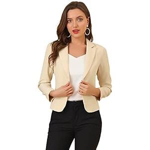 Allegra K Women's Open Front Office Work Business Casual Lightweight Summer Crop Suit Blazer X-Small Beige-Solid