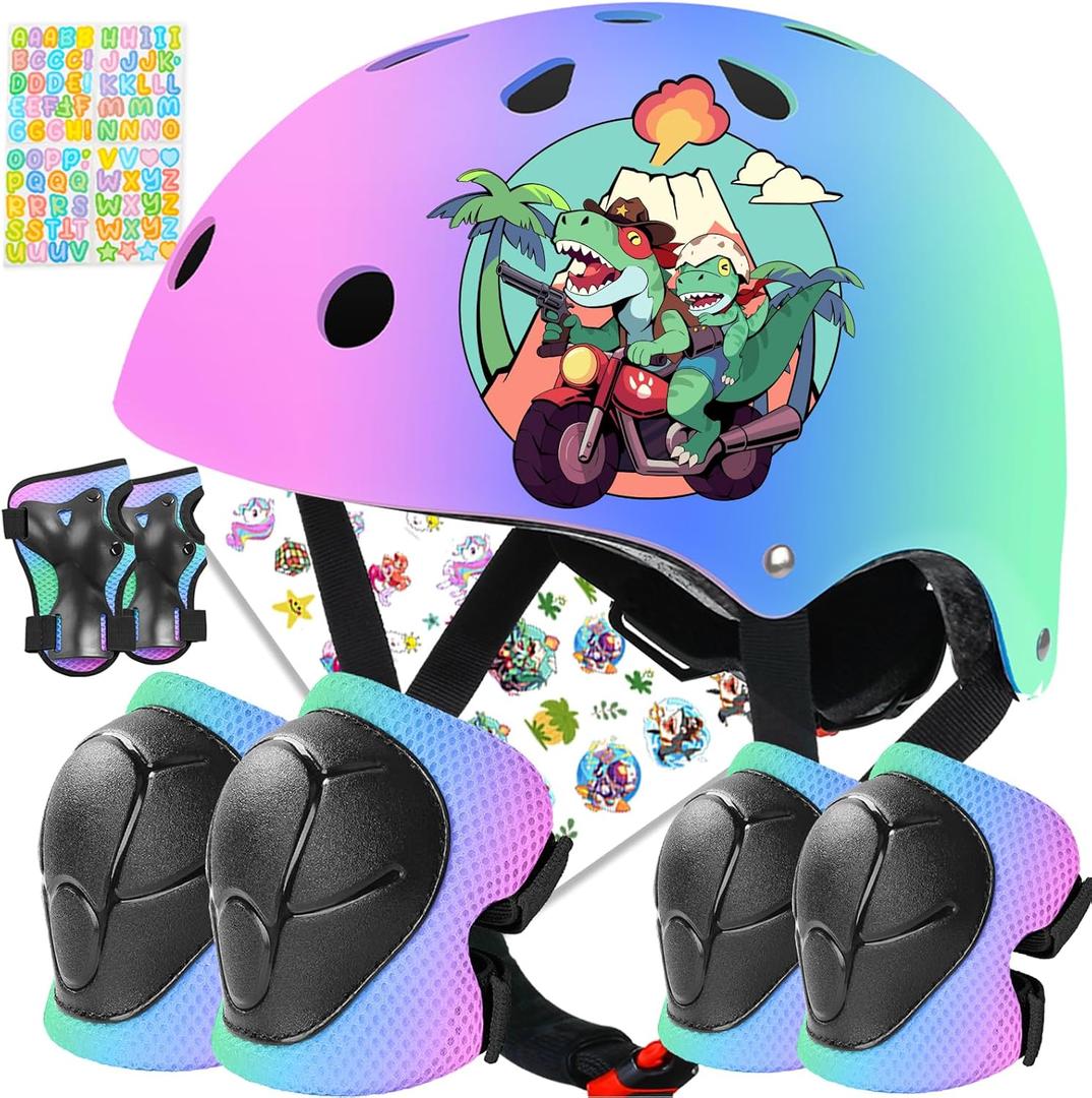 Toddler Kids Bike Helmet Set for Boys Girls Color Gradient Adjustable Skateboard Helmet Protective Gear Set Knee Elbow Wrist Pads for Bike, Roller, Scooter, Cycling, Balance and More Sports (Small: 20.1"-21.2", Pink-Blue-Green)