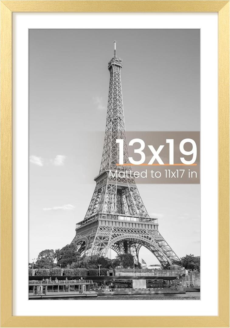 upsimples 13x19 Picture Frame, Display Pictures 11x17 with Mat or 13 x 19 Without, Wall Hanging Poster Frames, Gold, 1 Pack