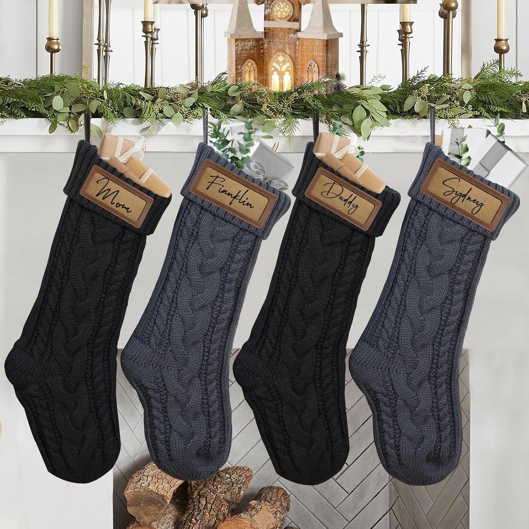 steo spce 4 Pack Personalized Christmas Stocking with Leather Patches Custom Name Family Christmas Stockings, 18.5 Large Knitted Xmas Stockings for Kids, Holiday and Fireplace Party Decoration (Black)