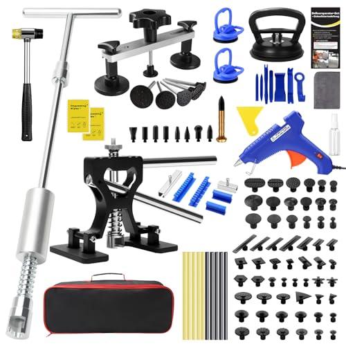 QwikFix Dent Puller Kit for Car, Paintless Dent Removal Kit with Lightweight Metal Dent Lifter & 2-in-1 T-bar Puller, 100W Hot Glue Gun & High Viscosity Glue Sticks for Auto Body Dent Repair