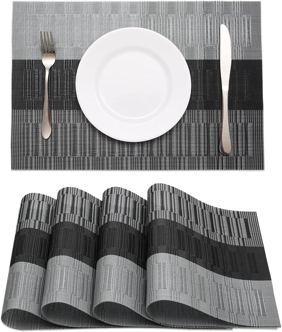 HeloHo Black Placemats Set of 4 Heat-Resistant Washable Place Mats Non-Slip Vinyl Woven Table Mats Wipeable Placemat for Kitchen Dining Table Decoration Indoor Outdoor