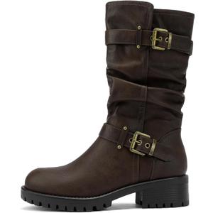 Women's Mid Calf Wide Toe Box Motorcycle Biker Boots Dressy Low Heel