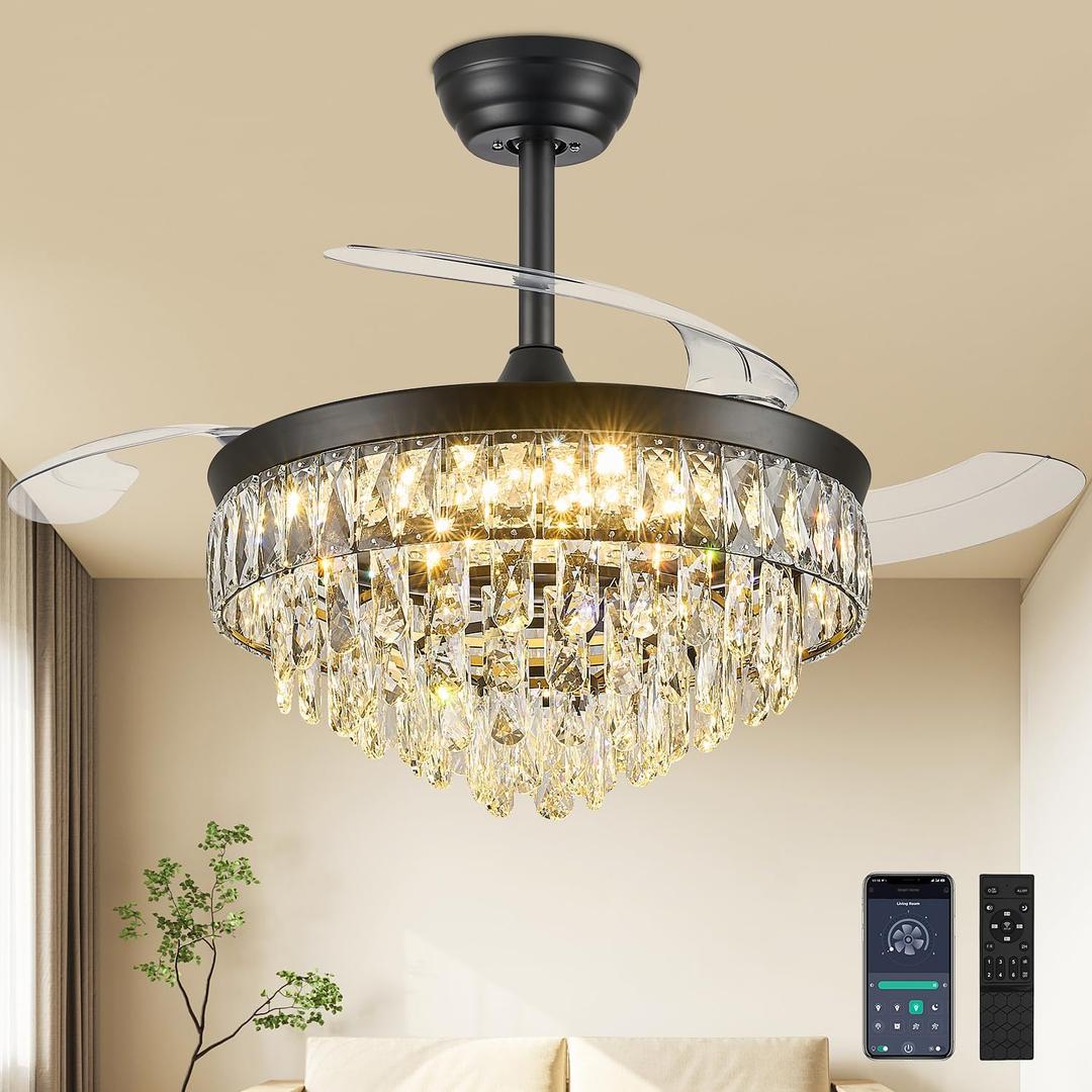42'' Chandelier Ceiling Fan with Lights, Retractable Fan with Remote and APP, Crystal Fandelier Ceiling Fan, Dimmable LED, Reversible Motor, Quiet for Bedroom Living Room-Black