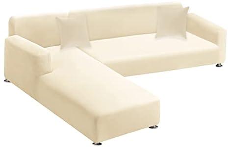 Sectional couch covers 2-Piece Softness L Shaped Sofa Cover Super Stretch L-Type Couch Slipcover with 2Pcs Pillowcases Sofa Slipcover 3 Seater + 3 Seater Furniture Protector (Cream white)