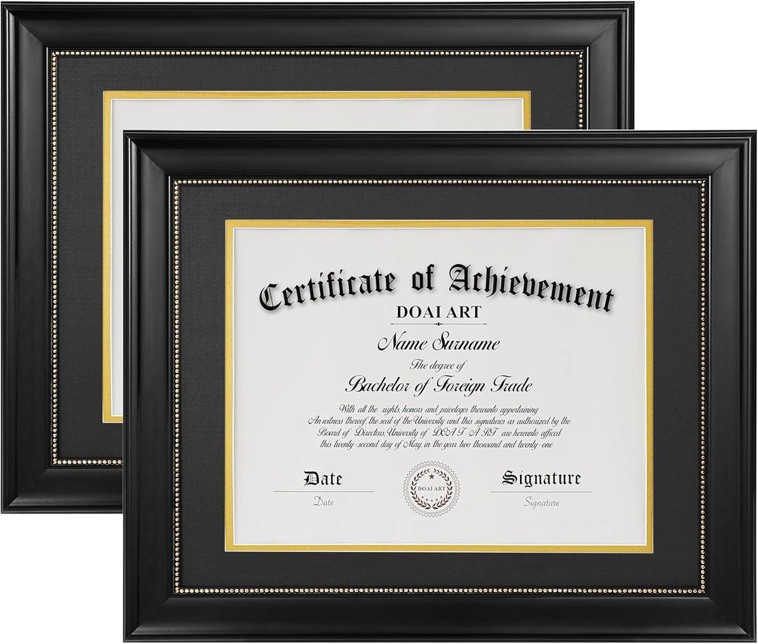 DOAI ART 8.5 x 11 Diploma Frame Set of 2 Classic Black with Blue and Gold Double Mat or Displays Document & Certificate 11x14-inch Without Mat, Wide Molding, Gold Beads Hanging Hardware Included, Tabletop
