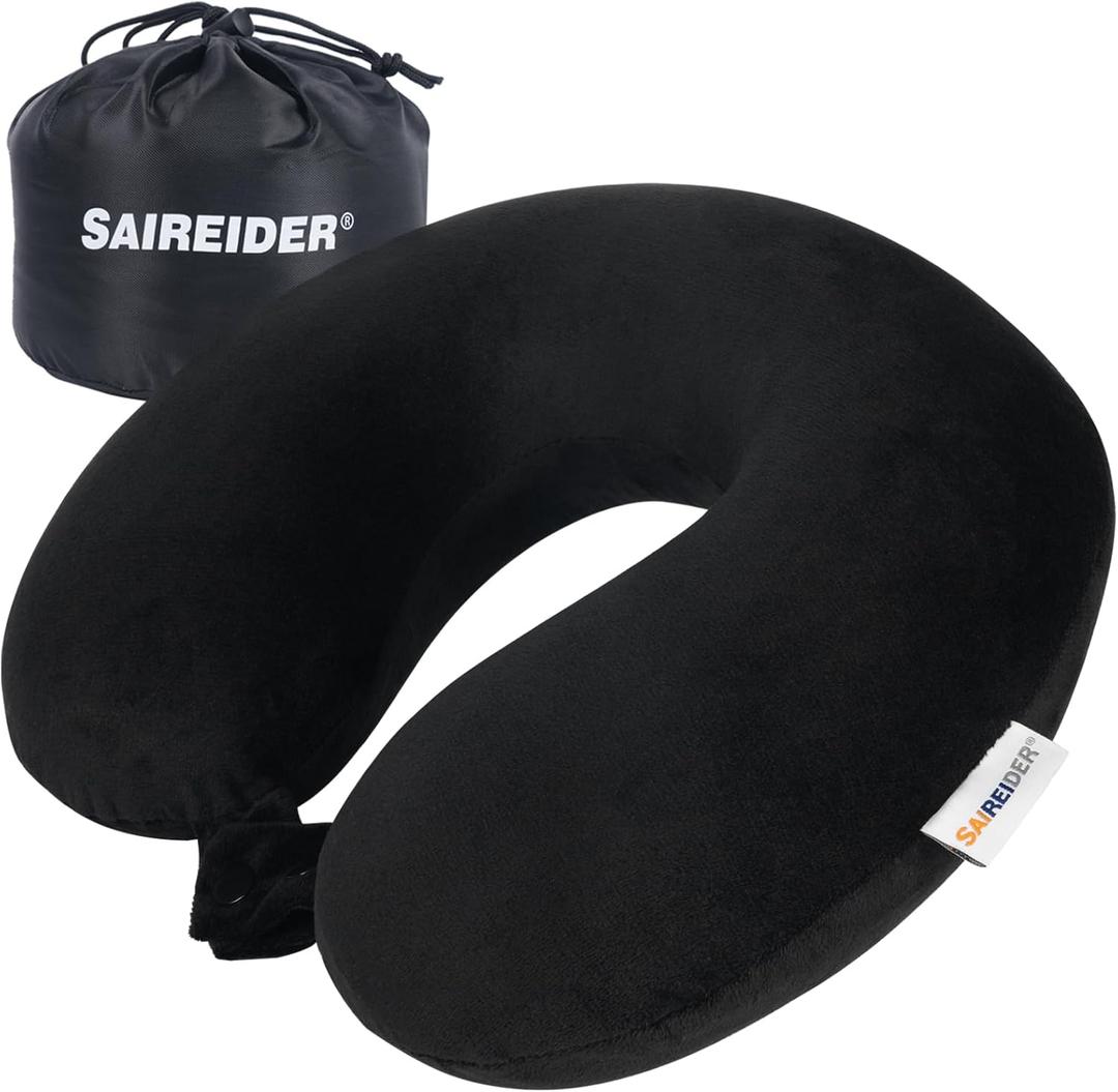 SAIREIDER Travel Pillow 100% Pure Memory Foam Travel Neck Pillow with Storage Bag, Airplane Pillow for TravelingCarHomeOfficeWashable CoverBlack