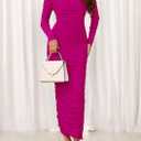 PRETTYGARDEN Womens 2026 Fall Long Sleeve Maxi Dress Off Shoulder Mesh Ruched Bodycon Trendy Long Wedding Guest Dresses (Pink, M)