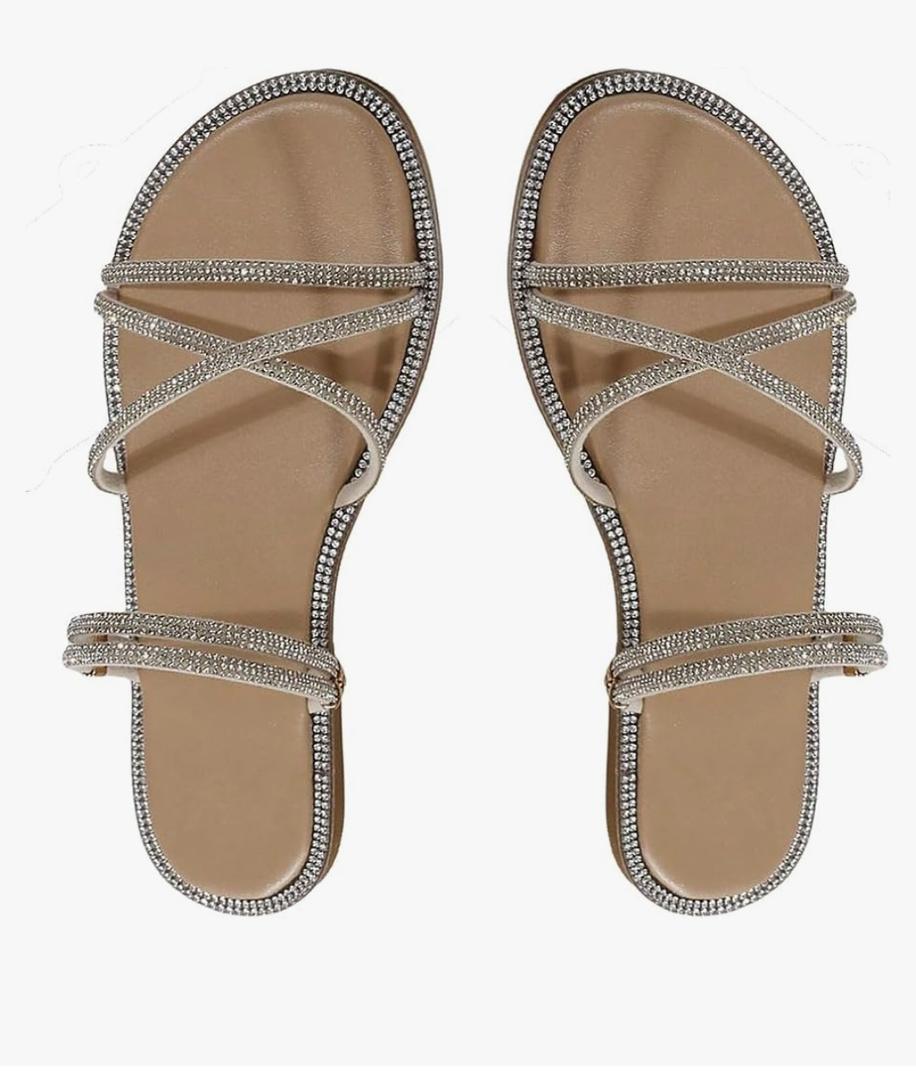 OYOANGLE Women's Rhinestone Strappy Open Toe Slide Sandals Slip on Casual Flat Sandals 38