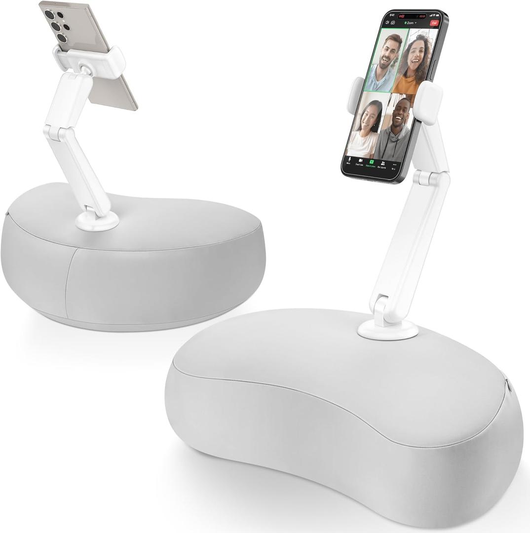 Pillow Phone Holder for Bed, 360 Bed Phone Holder Laying Down, Hands-Free iPhone Stand for Bed/Sofa/Lap, Compatible w/ 4.7"-7.0" Cell Phones, Flexible Dual Arm with Microbead Cushion (Grey)