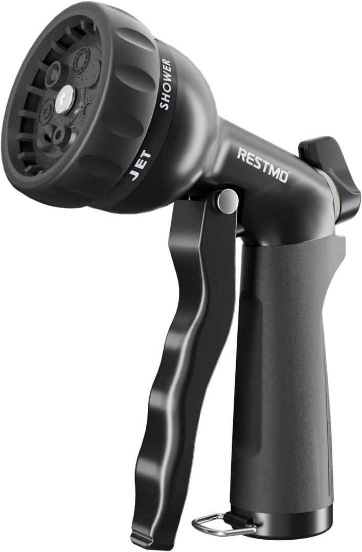 RESTMO Garden Hose Nozzle, Heavy Duty Water Hose Nozzle with 7 Adjustable Spray Patterns, High Pressure Hand Sprayer with Flow Control, for Watering Plants & Lawns, Washing Cars & Pets, Flash Black