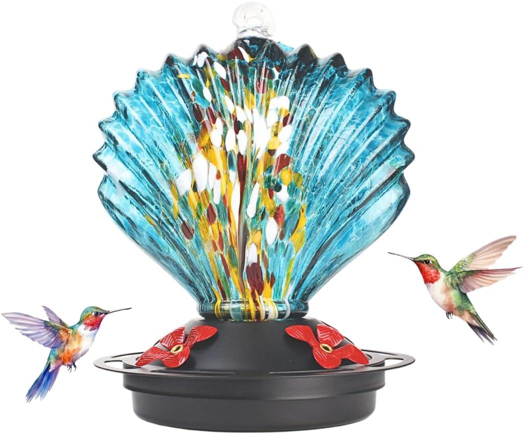 Seashell Shaped Hummingbird Feeder for OutdoorsHand Blown Glass Hummingbird Feeders for Outdoors Hanging with 4 Feeding Ports14 OZ Leak Proof Bird Feeder- Garden Decor Gifts for WomenBlue