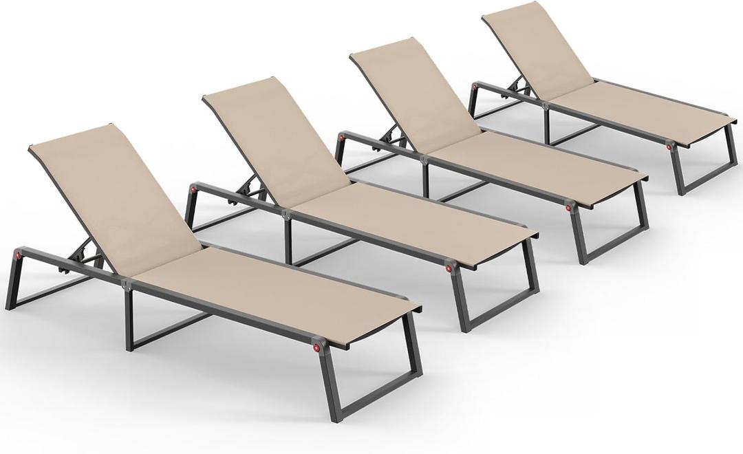 Aluminum Chaise Lounge Chair Outdoor, Foldable& No Assembly Patio Pool Lounge Chairs 5-Position Recliner for Outside, Fully Grounded Legs Sun Lounger for Poolside, Khaki