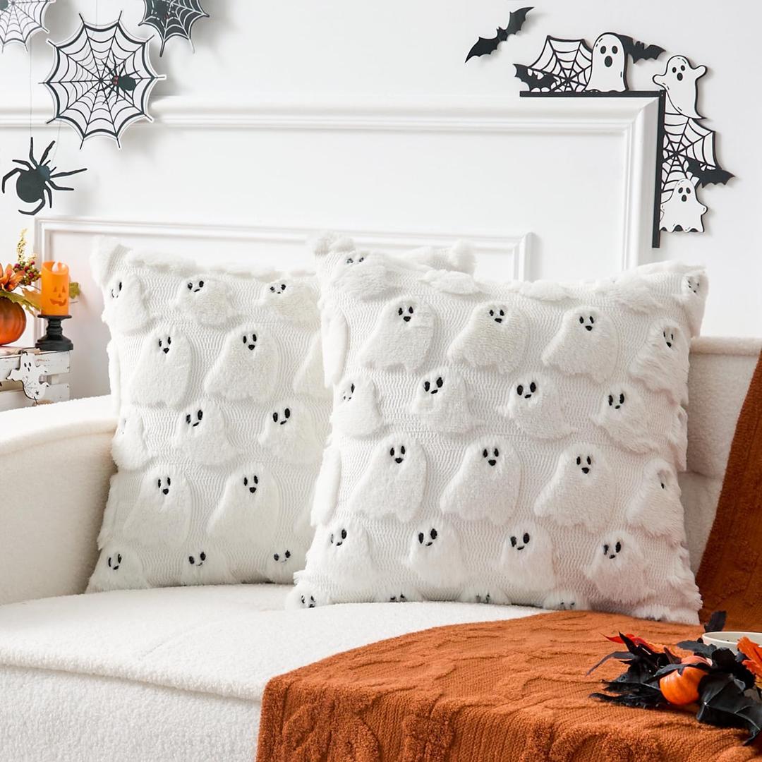 2 x UGASA Halloween Pillow Covers 18x18 Inch Set of 2 Cute Ghosts Throws Pillowcases Embroidery Soft Plush Faux Wool Cushion Cases for Fall Decor Gift Couch Sofa Chair Bedroom, Cream White