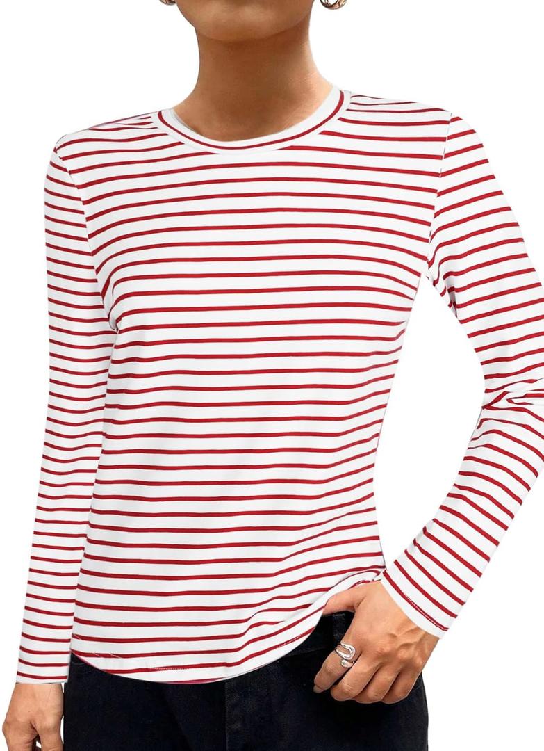 LilyCoco Women's Striped Shirt Long Sleeve Color Block Top Crewneck Fitted Tee Red Medium