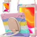 BATYUE for iPad 9th/ 8th/ 7th Generation Case (iPad 10.2 inch Rugged Case 2021/2020/2019) with Screen Protector, Rotating Stand/Pencil Holder/Carrying Shoulder Strap (Colourful Pink)