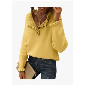BTFBM Womens Sweaters Fall Winter Clothes 2025 Long Sleeve Button Down Ruffle Crew Neck Casual Knitted Pullover Tops, Medium
