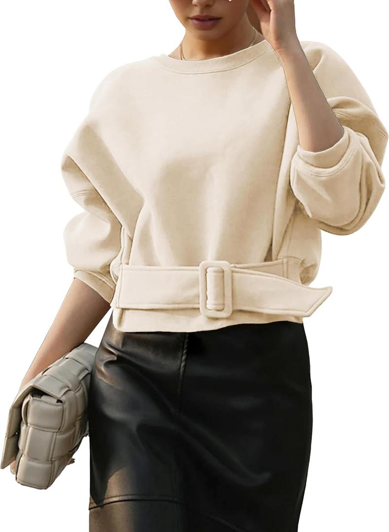 Womens Long Sleeves Cropped Sweatshirts Belted Lace Up Tops Crewneck Y2K Pullover 2025 Fall Outfit, Medium