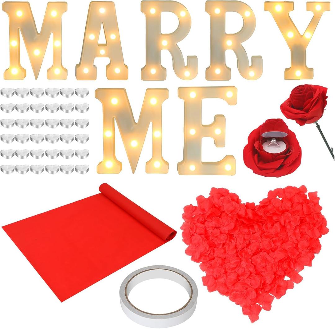 Baquler Romantic Proposal Decorations Kit Large Marry Me Letters Rose Petals Heart Shaped Candles Carpet Double Sided Tape Engagement Rose Ring Box for Proposal Engagement Wedding Table Decorations Baquler Romantic Proposal Decorations Kit Large Marry Me Letters Rose Petals Heart Shaped Candles Carpet Double Sided Tape Engagement Rose Ring Box for Proposal Engagement Wedding Table Decorations
