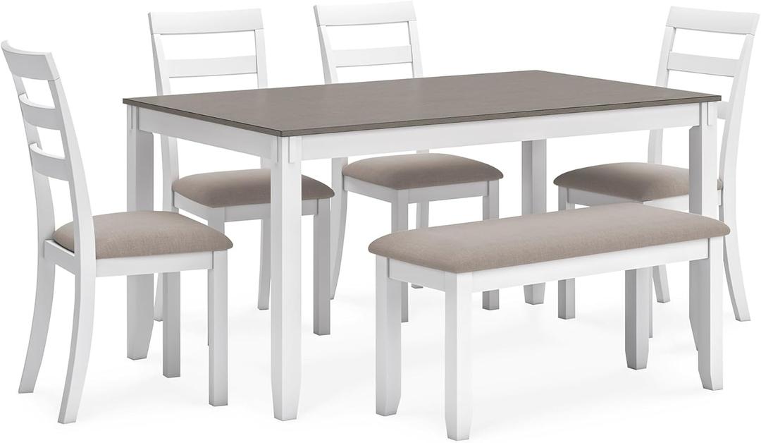 Signature Design by Ashley Stonehollow Casual Rectangular Dining Room Table Set with 4 Chairs and Bench, Set of 6, Foam Cushions, Wood, White and Gray