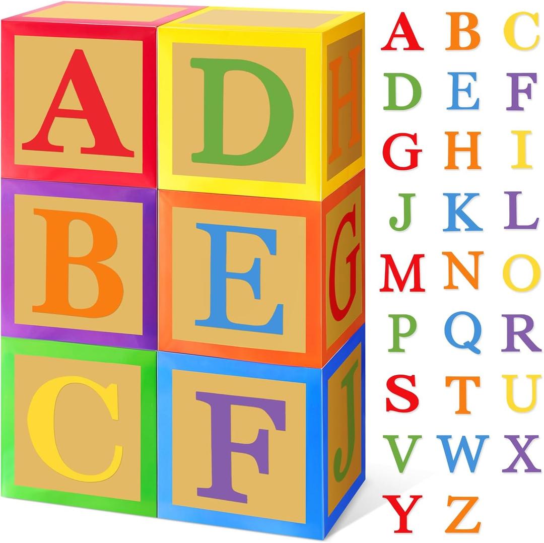 ReliThick 6 Pcs Custom Letter Toy Inspire Party Boxes with 52 Pcs Letter Cutouts 11.8 x 11.8 Inch Colorful Balloon Box Personalized Big Party Favor Box for Birthday Decoration (Dark Colors)