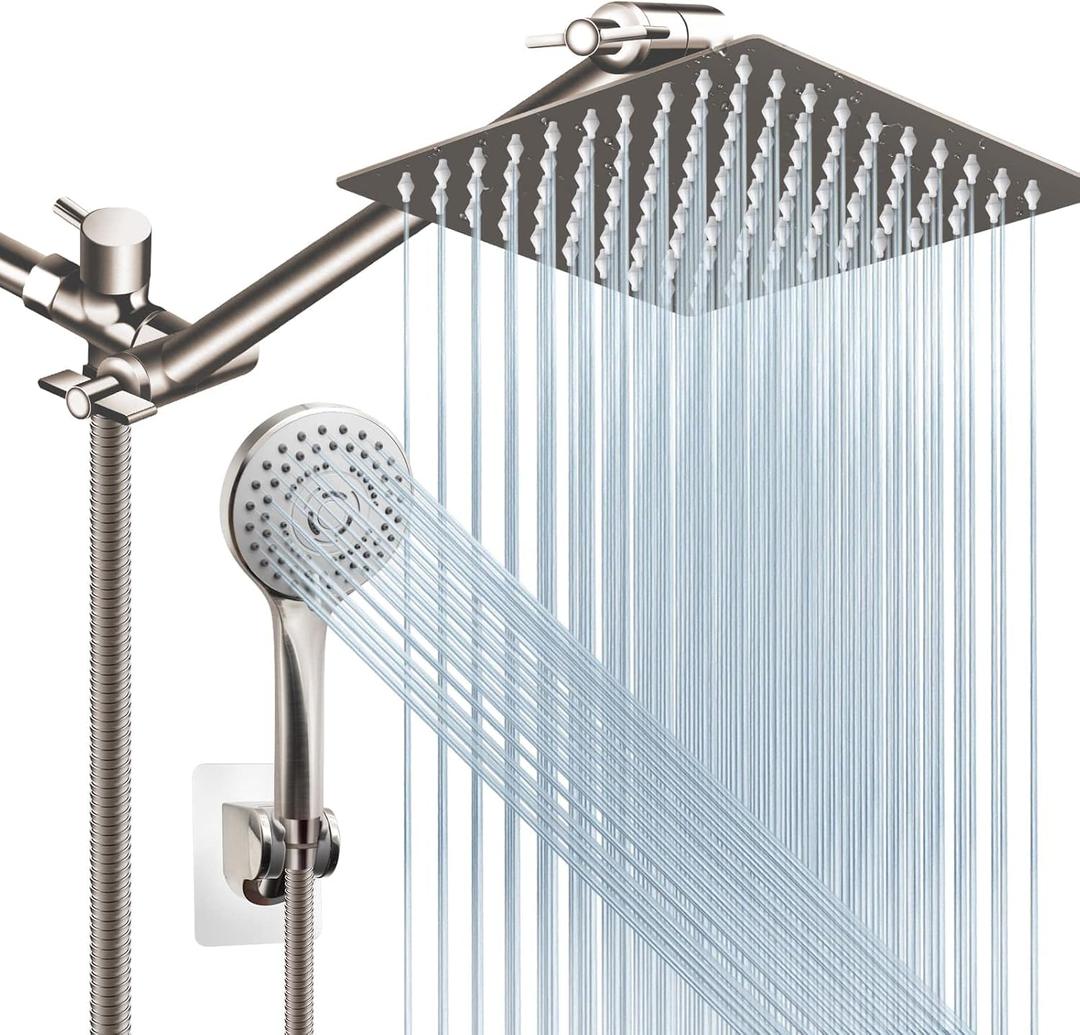 Shower Head Combo(Brushed Nickel),8 Inch High Pressure Rain Shower Head with 11 Inch Adjustable Extension Arm and 5 Settings Handheld Shower Head Combo,Powerful Shower Spray Against Low Pressure Water (8'' Showerhead Set)