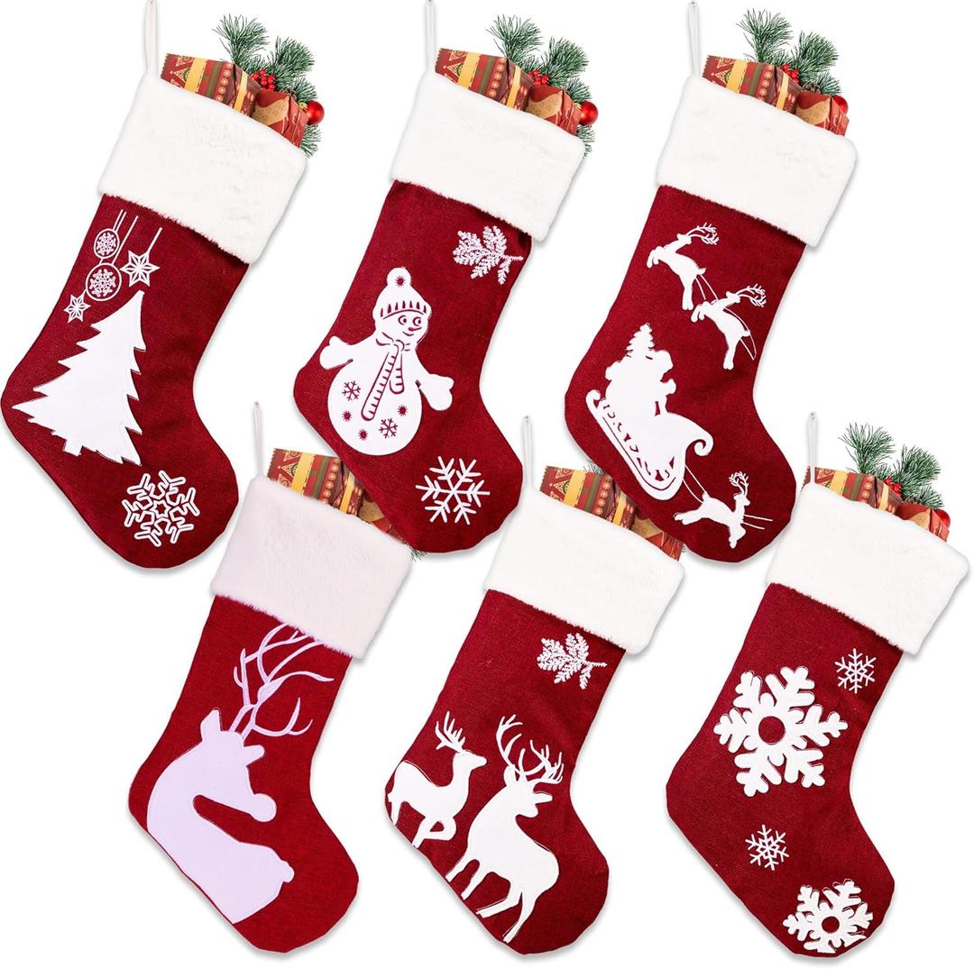 Mostop 6 Pack Christmas Stockings, 18" Red Stocking with Soft Plush Christmas Reindeer Snowman Pattern Xmas Stocking for Kids Holiday Family Christmas Hanging Decoration (Bulk)