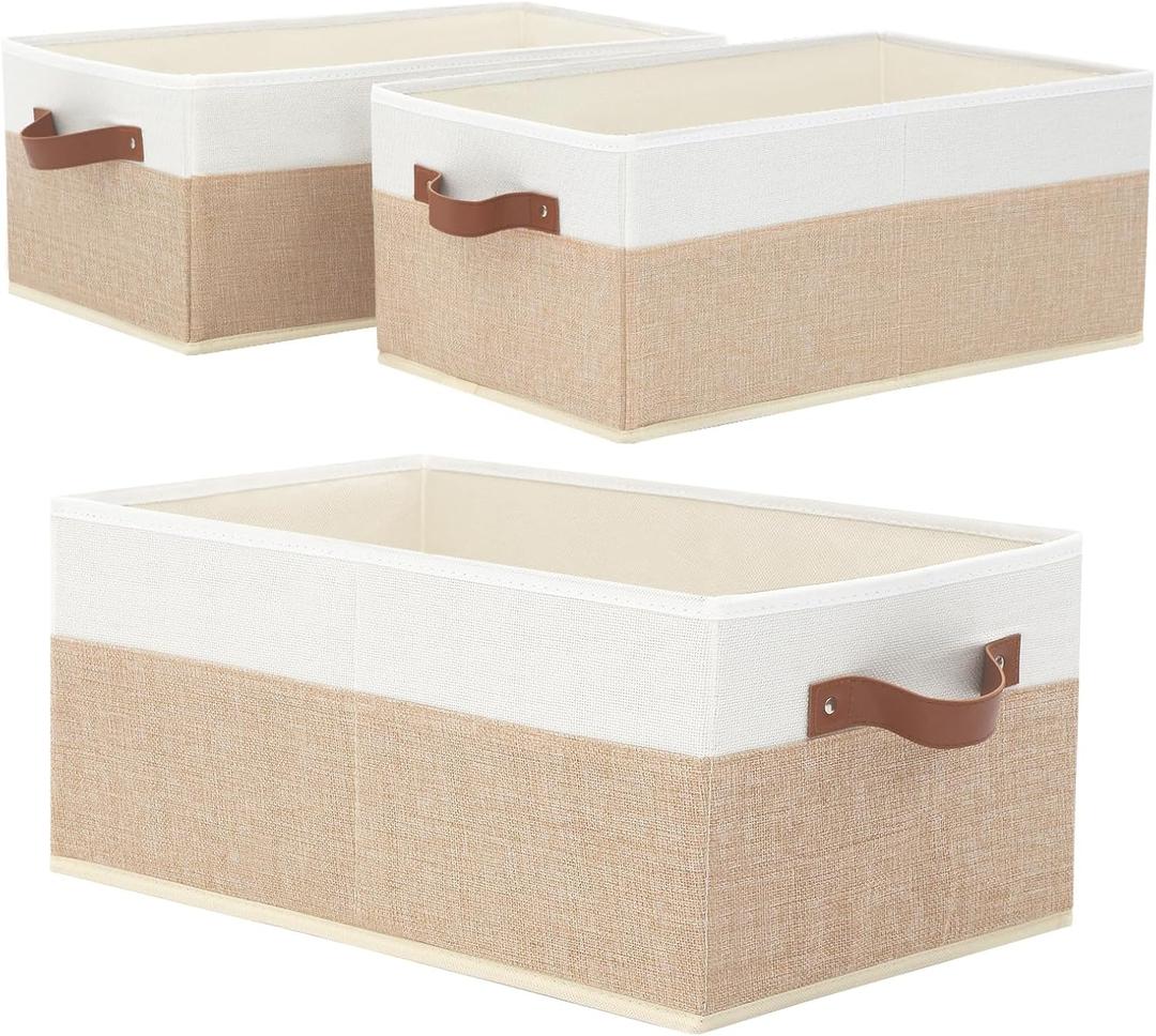 Closet Organizer Bins 3 Pack, Large Storage Bins for Shelves, Foldable Closet Storage Boxes Baskets with Leather Handles for Organizing Clothes, Sheets, Jeans, Toys, BooksBegie