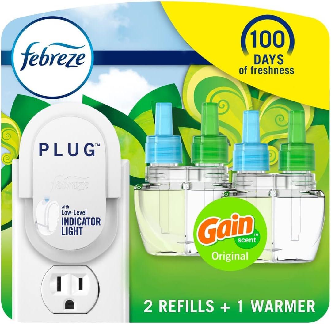 Febreze Plug-In Air Freshener, Odor-Fighting Scented Oil Starter Kit, Air Fresheners for Home, Bathroom and Kitchen, Long Lasting for Strong Odors, Gain Original Scent, Warmer + 2 Refill, Multicolor
