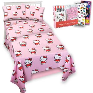 Hello Kitty Sheet Set - Bundle of Hello Kitty Bedding Including: Flat Sheet, Fitted Sheet, and Pillowcase for Twin Bed Plus Stickers, More for Kids